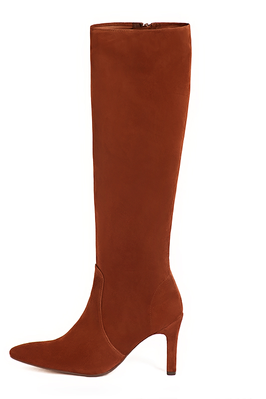 Terracotta orange women's feminine knee-high boots. Tapered toe. High slim heel. Made to measure. Profile view - Florence KOOIJMAN